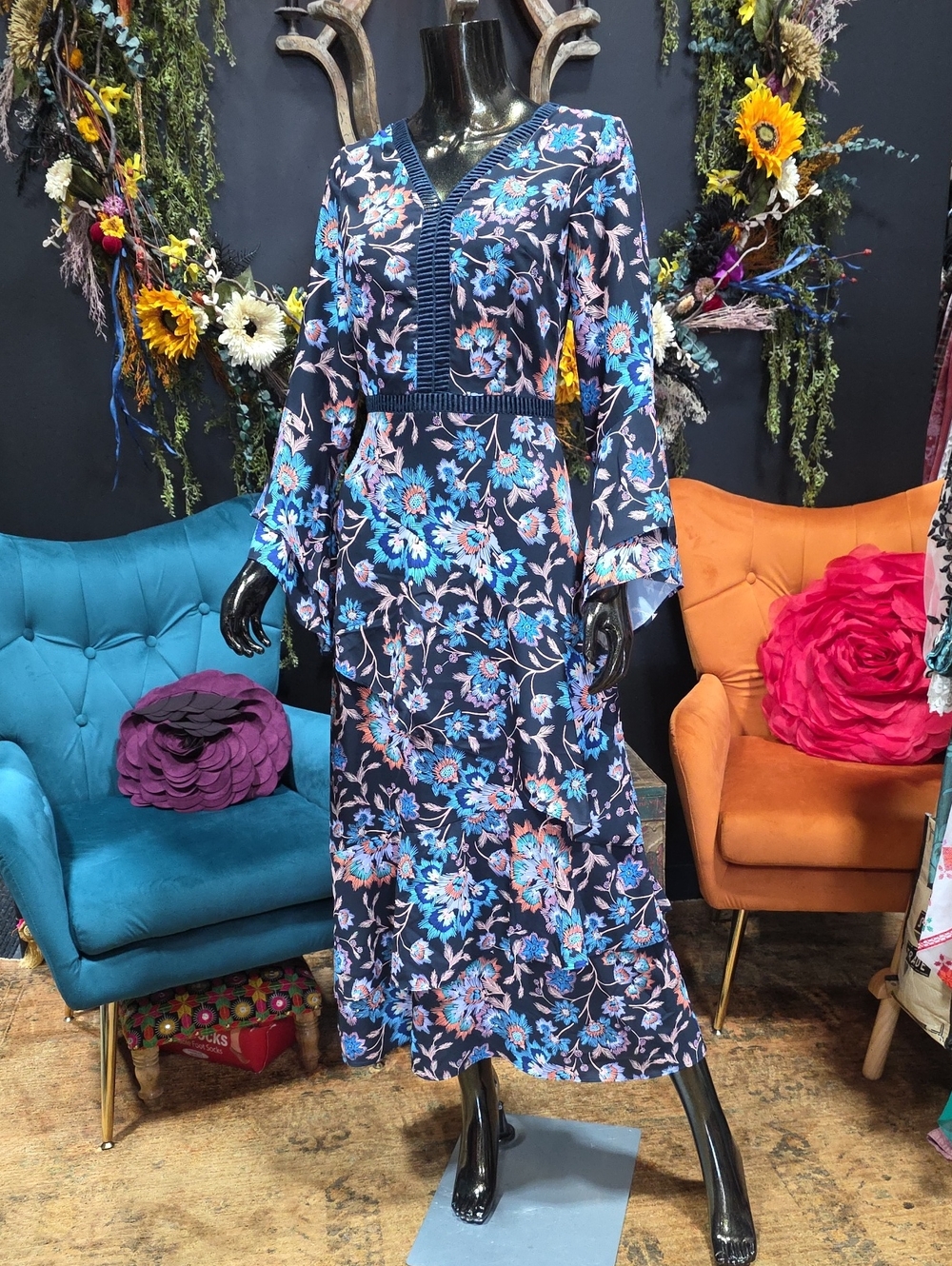 0Women's Navy Floral V-Neck Maxi Dress w/ Ruffle Layers
